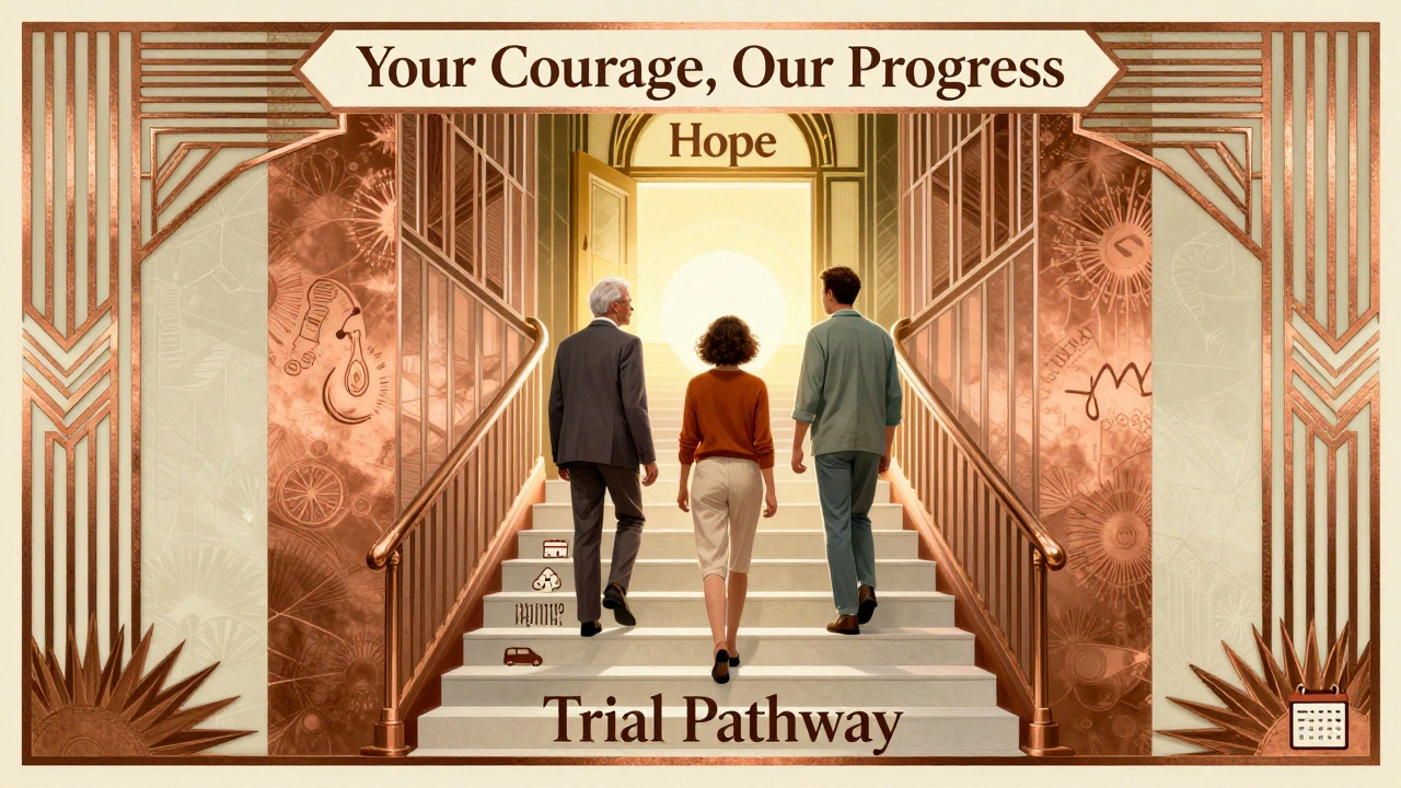 Diverse patients guided up a staircase of trial milestones toward a glowing door, in Art Deco geometric style.