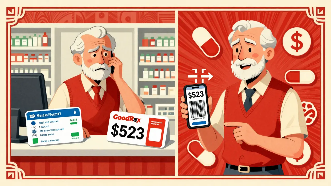 Elderly man saving money on Ozempic with GoodRx instead of Medicare, illustrated in Art Deco style.
