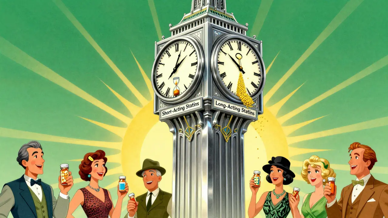 Elegant clock tower with two statin types represented by flowing golden particles in Art Deco style.