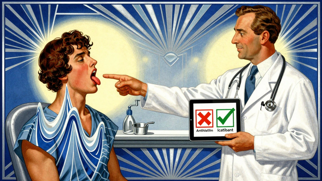 ER scene with doctor pointing to patient showing bradykinin waves, contrasting icons of ineffective and effective treatments.