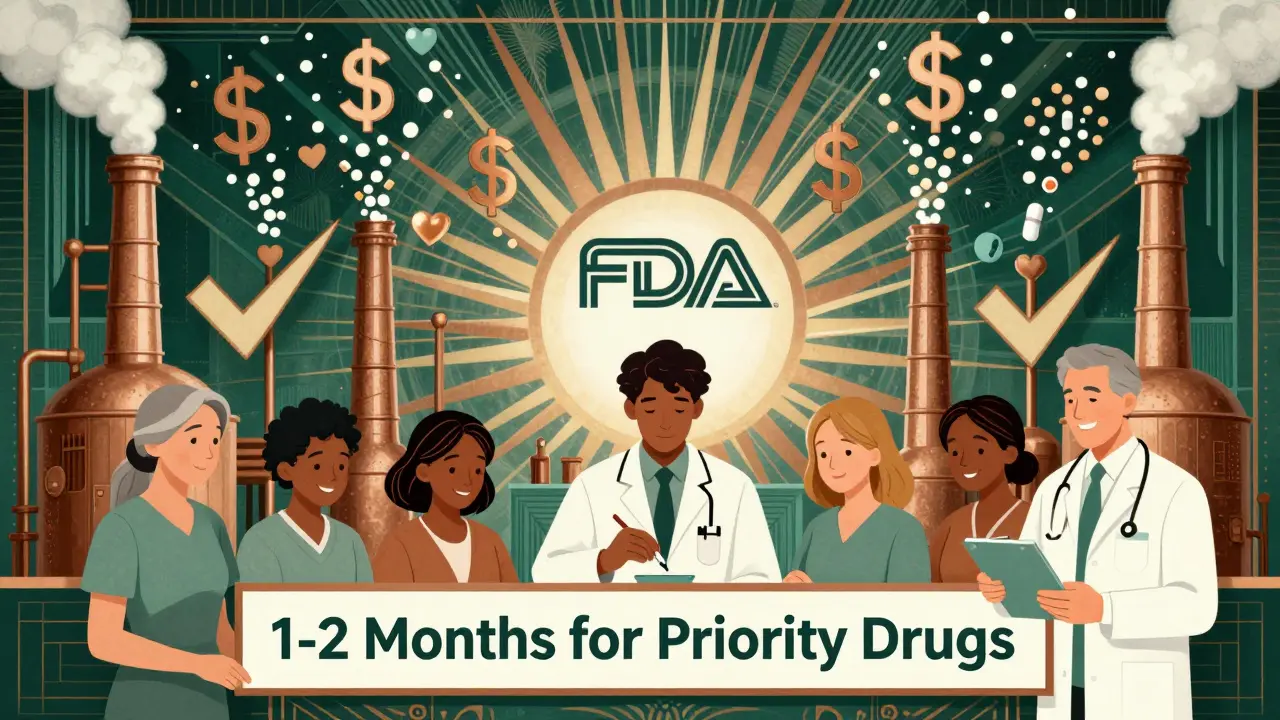 Factory producing pills that become money and hearts, with patients receiving medication under priority approval banner.