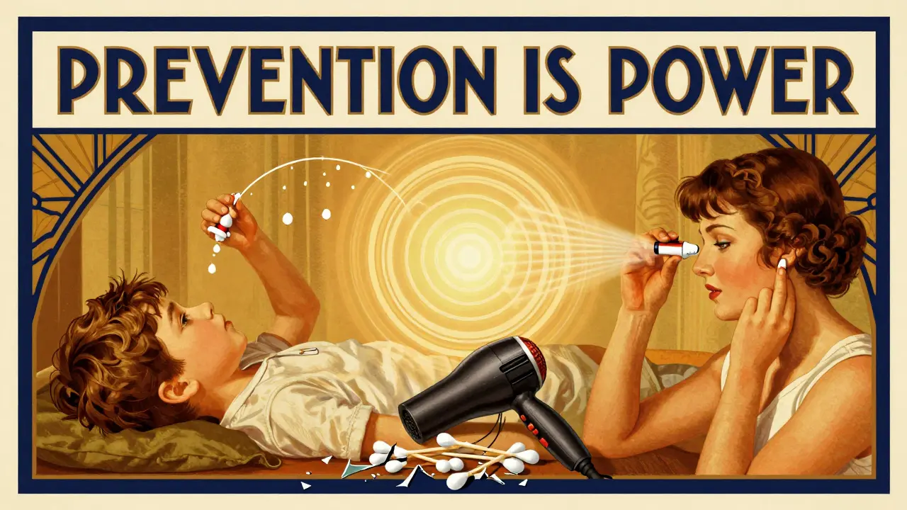 Family using ear drops correctly, shattered cotton swabs, warm air flowing in geometric patterns