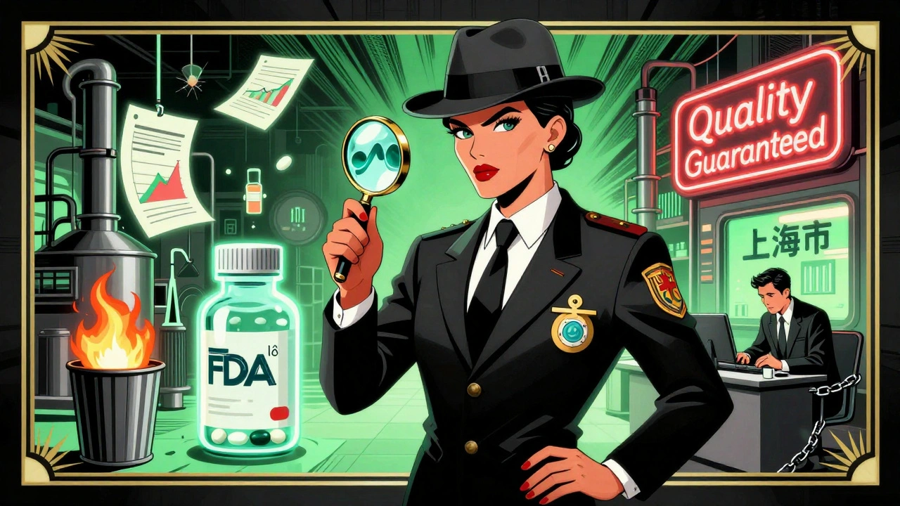 FDA inspector examining a pill bottle while fake certifications and burning documents float behind a glowing factory.