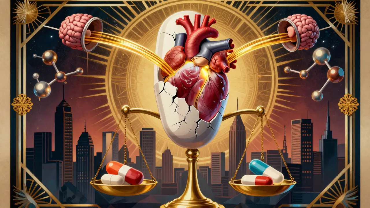 Floating generic pill revealing vital organs receiving equal drug streams, framed by golden confidence arcs.