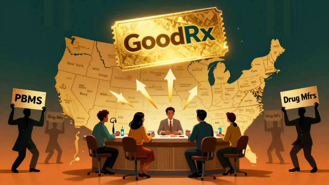 Golden GoodRx coupon illuminating U.S. map with pharmacy savings, surrounded by shadowy pricing figures.
