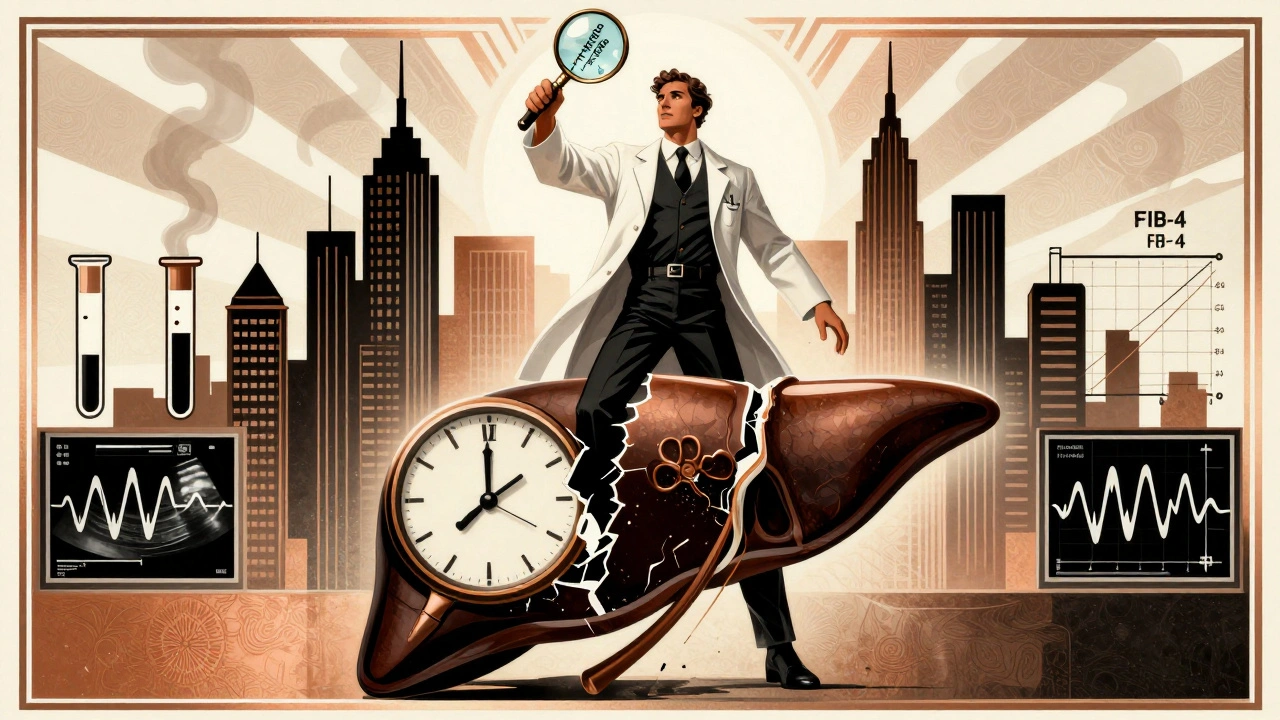 Hero in lab coat holding magnifying glass over broken liver clock, medical skyline in background