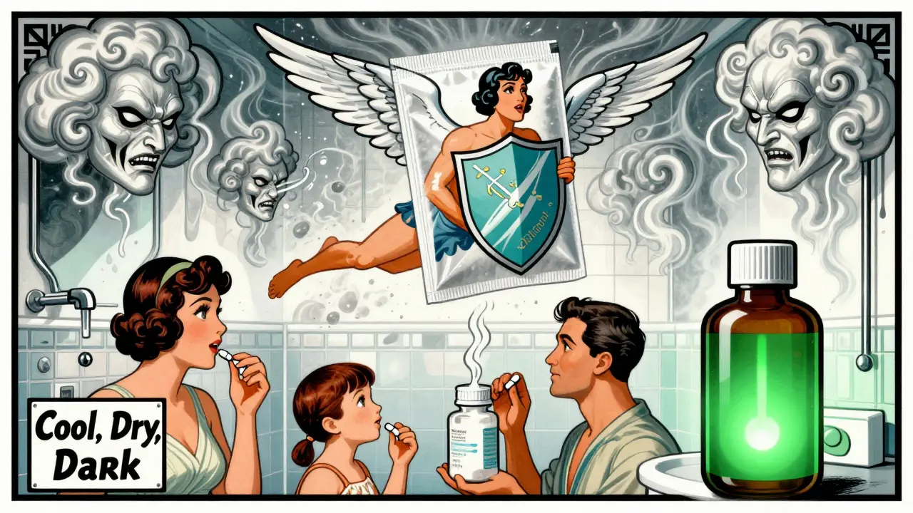 Heroic silica gel packet shielding pills from steam in a bathroom, family taking medicine safely.