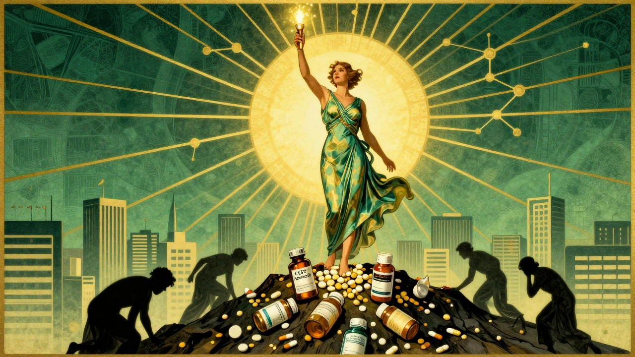 Heroine standing atop pill bottles holding new migraine treatment torch in Art Deco style