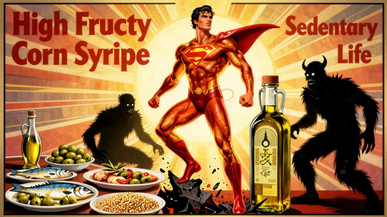 Liver superhero rising from healthy foods, defeating junk food monsters in stylized Art Deco composition.