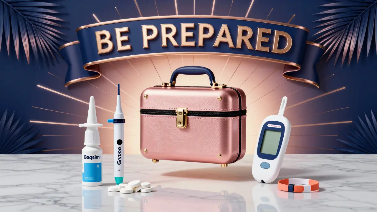 Luxury medical emergency kit with glucagon devices, ketone meter, and medical ID on marble, Art Deco style.