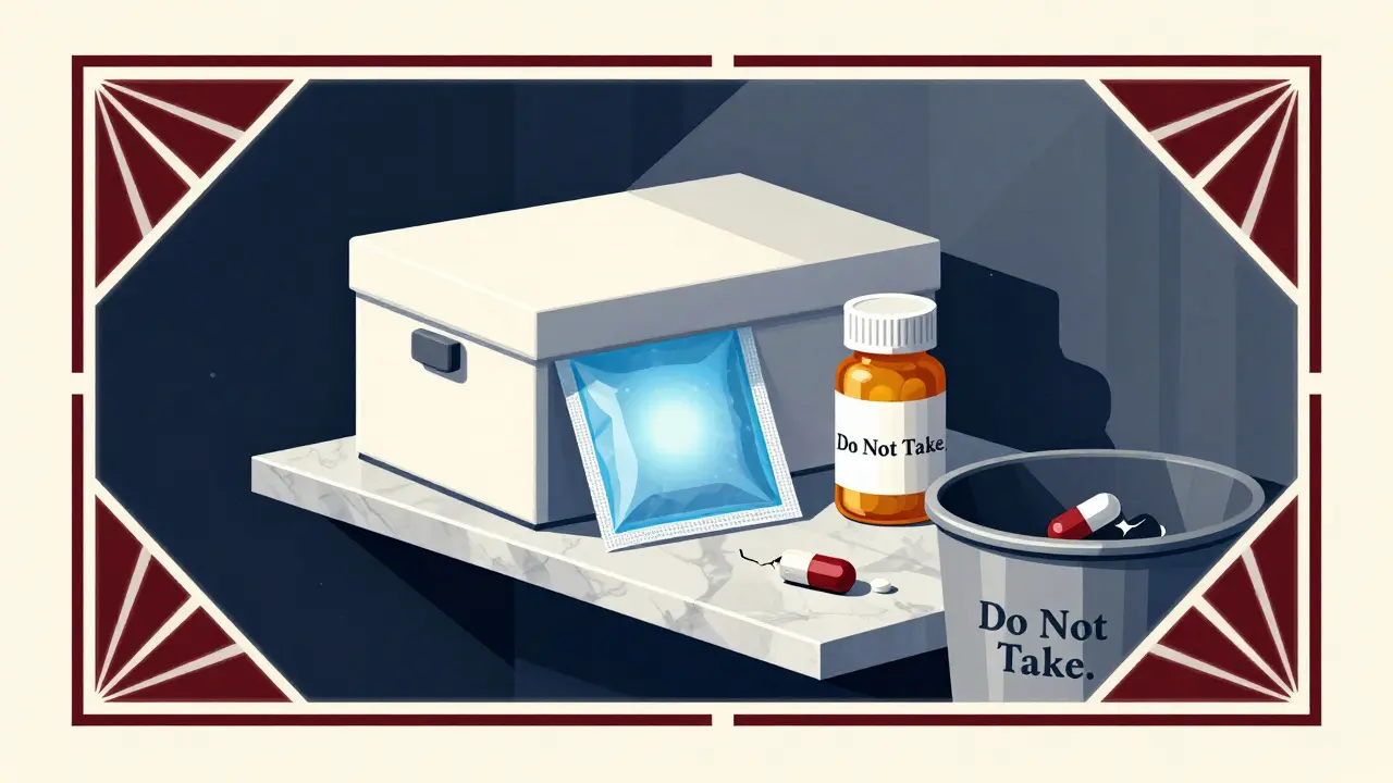 Medicine box on a dark shelf with dry silica gel packet, discarded damaged pills in bin.