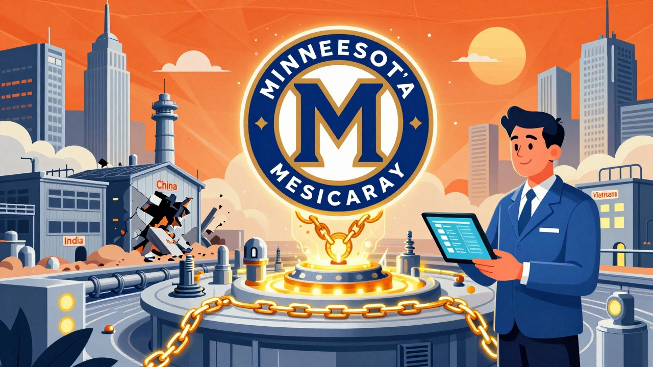 Modern factory with glowing blockchain chains and a quality manager overseeing production, while crumbling overseas plants fade away.