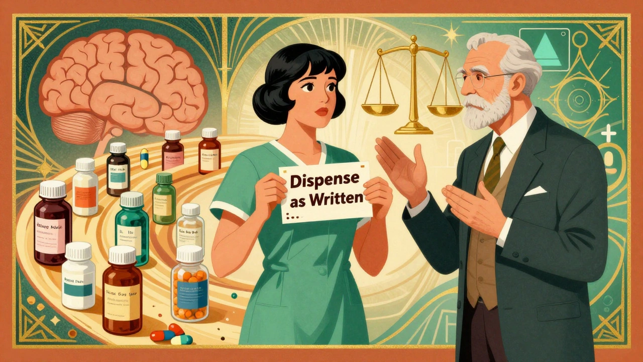 Patient standing firm with prescription label against a storm of generic pills, guided by a neurologist in Art Deco style.