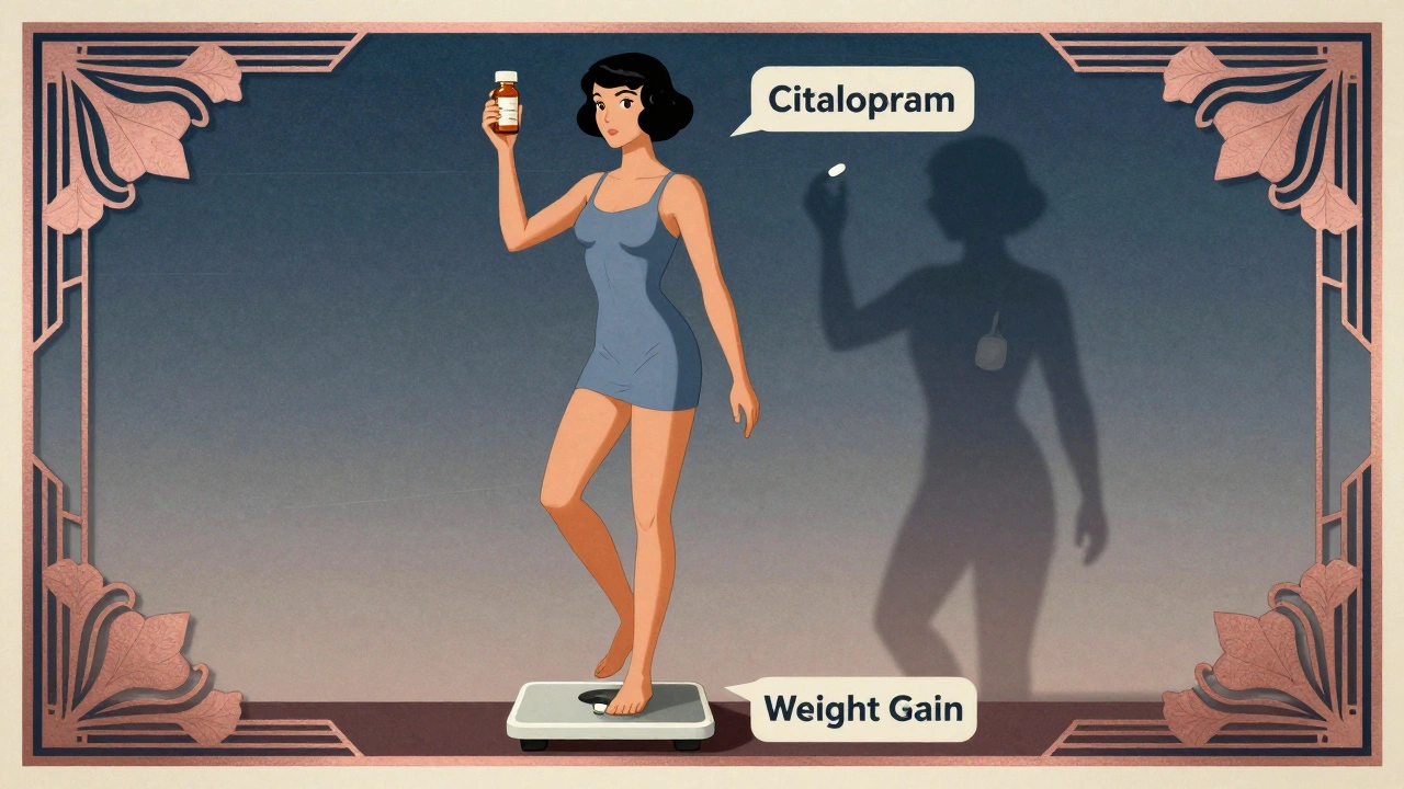 Person stepping off scale with prescription bottle, shadowy doctor offering alternative medication.