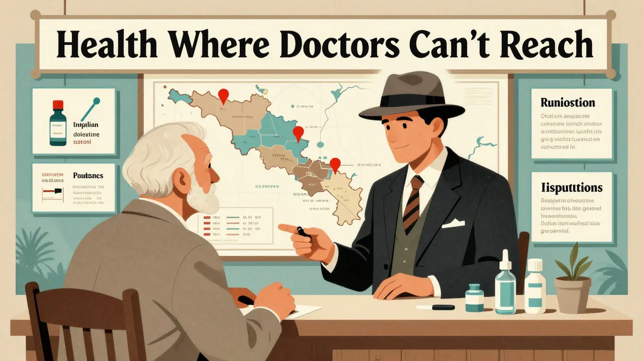 Pharmacist advising an elderly patient in a rural pharmacy, with a map showing remote healthcare gaps and medical services illustrated around them.