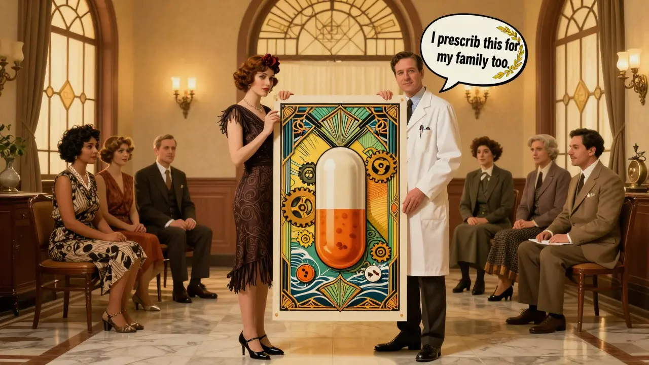 Pharmacist and doctor present a scientific poster to patients in elegant 1930s setting.