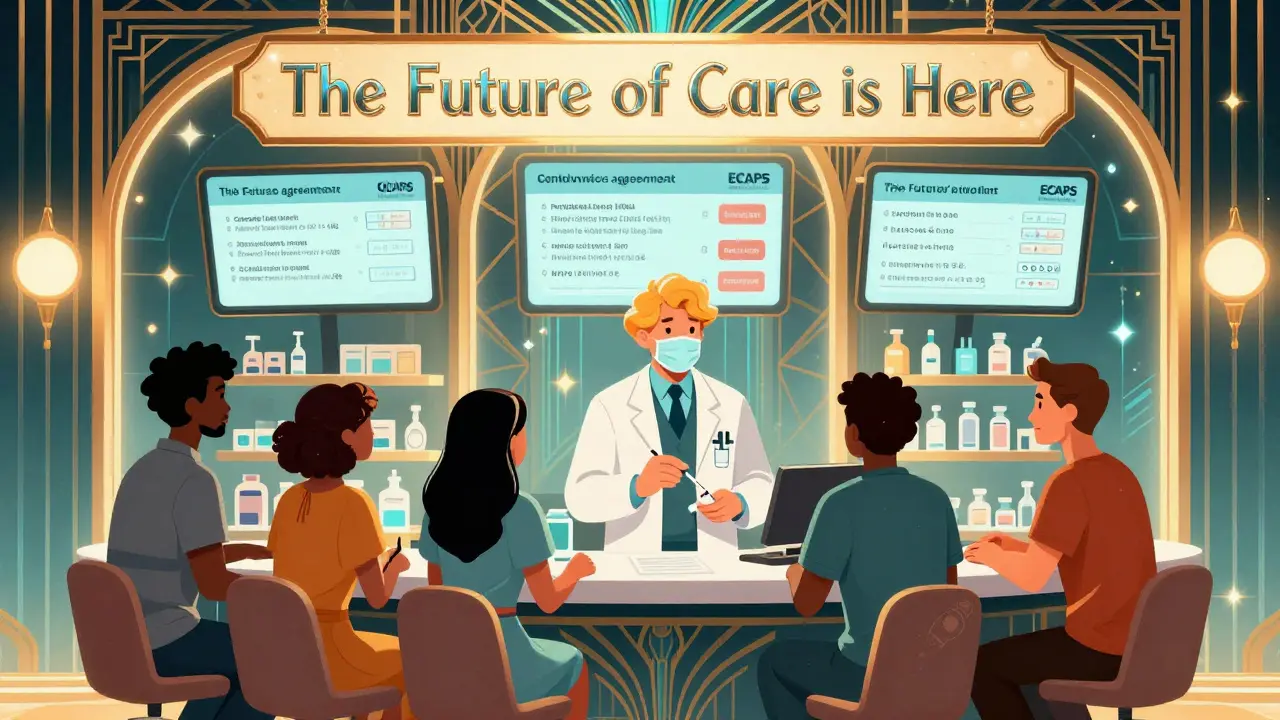 Pharmacist performing a rapid test at a modern pharmacy counter with digital health agreements and ECAPS bill displayed in Art Deco style.