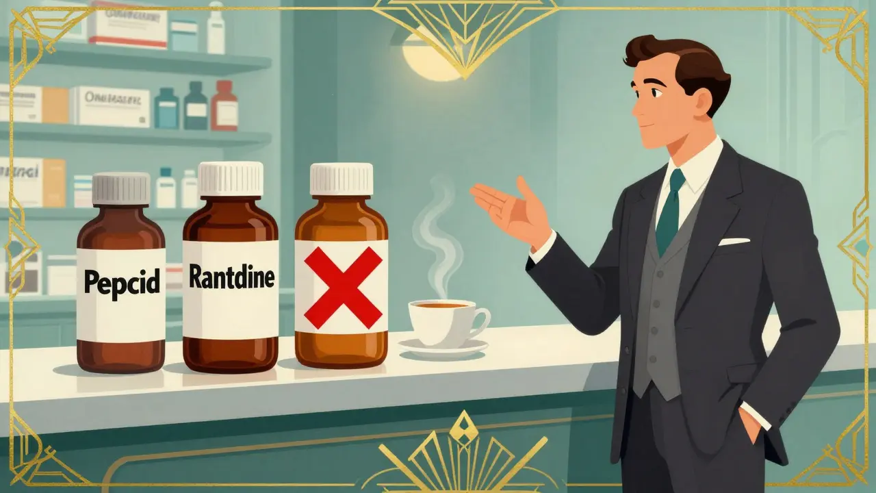 Pharmacy counter with safe and unsafe heartburn meds, doctor pointing to approved options, no text.