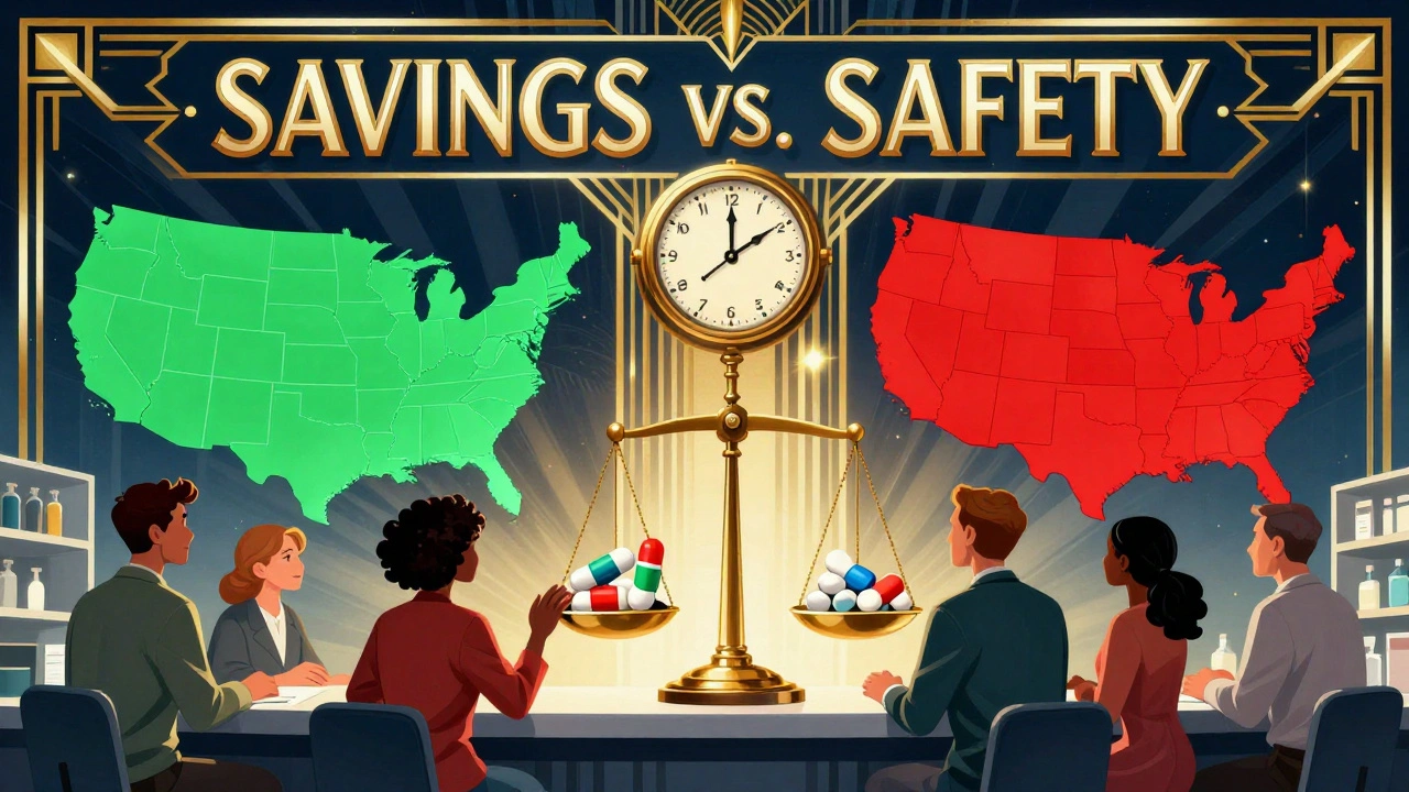 Pharmacy counter with state maps and scale balancing drug savings against patient safety