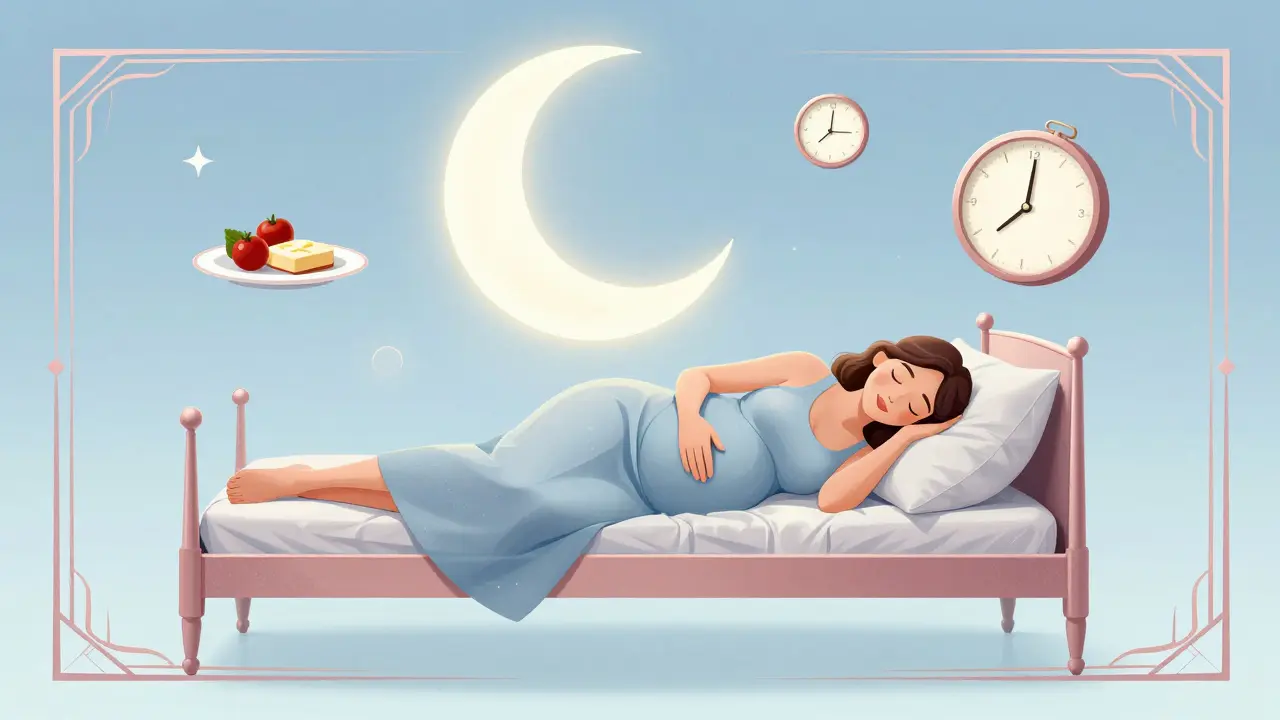 Pregnant woman sleeping on an elevated bed with floating lifestyle tip symbols in geometric shapes.
