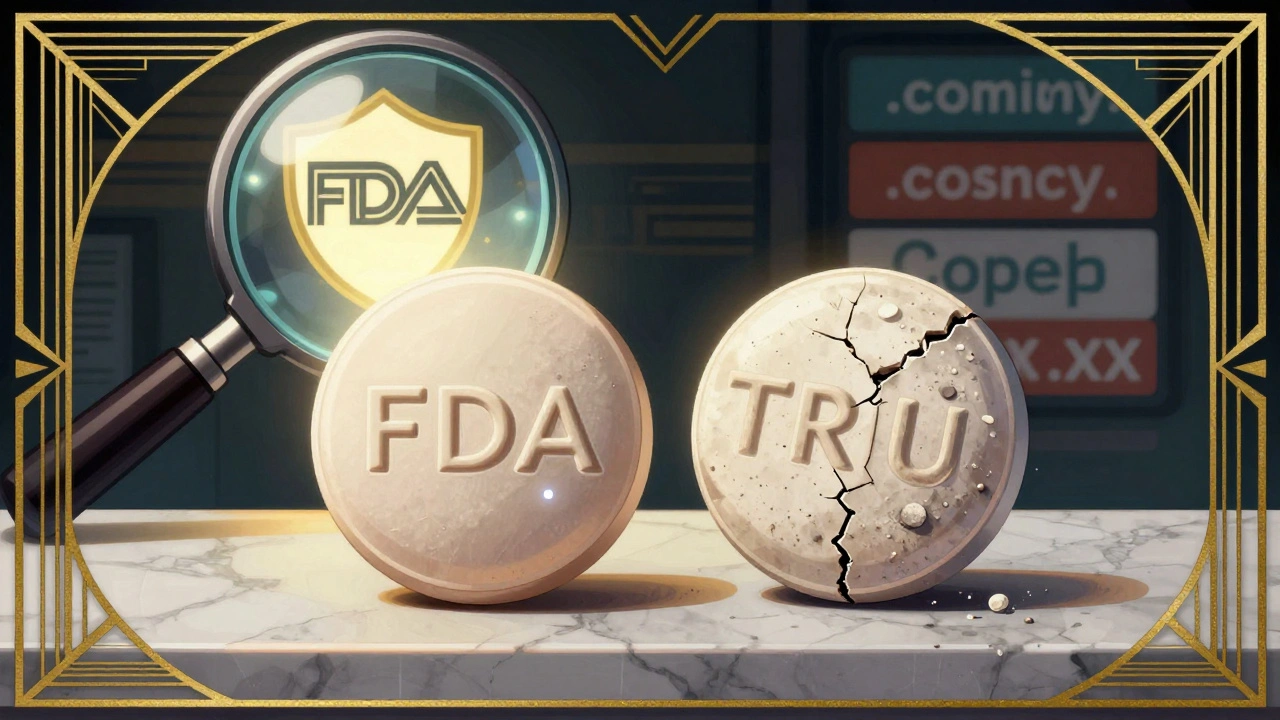 Side-by-side comparison of a real pill with glowing nanoparticles and a fake pill with uneven embossing, framed by verified pharmacy logos.