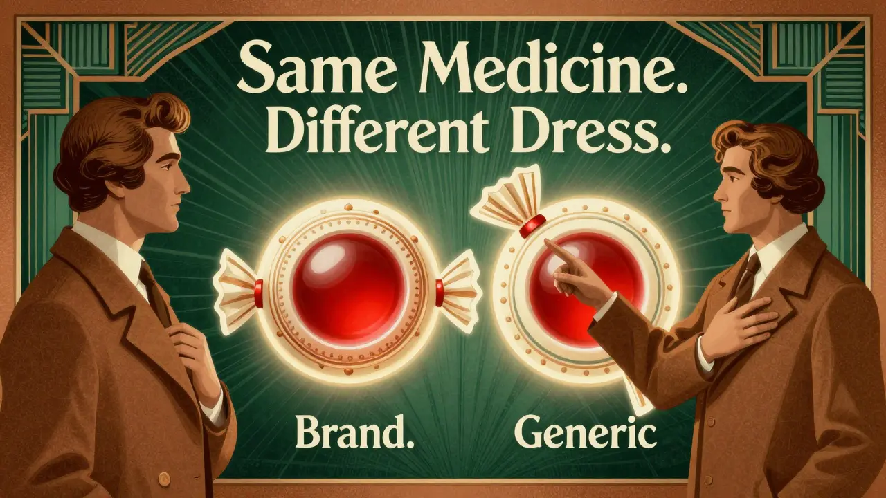 Side-by-side pill diagram with identical cores and decorative shells in Art Deco design.