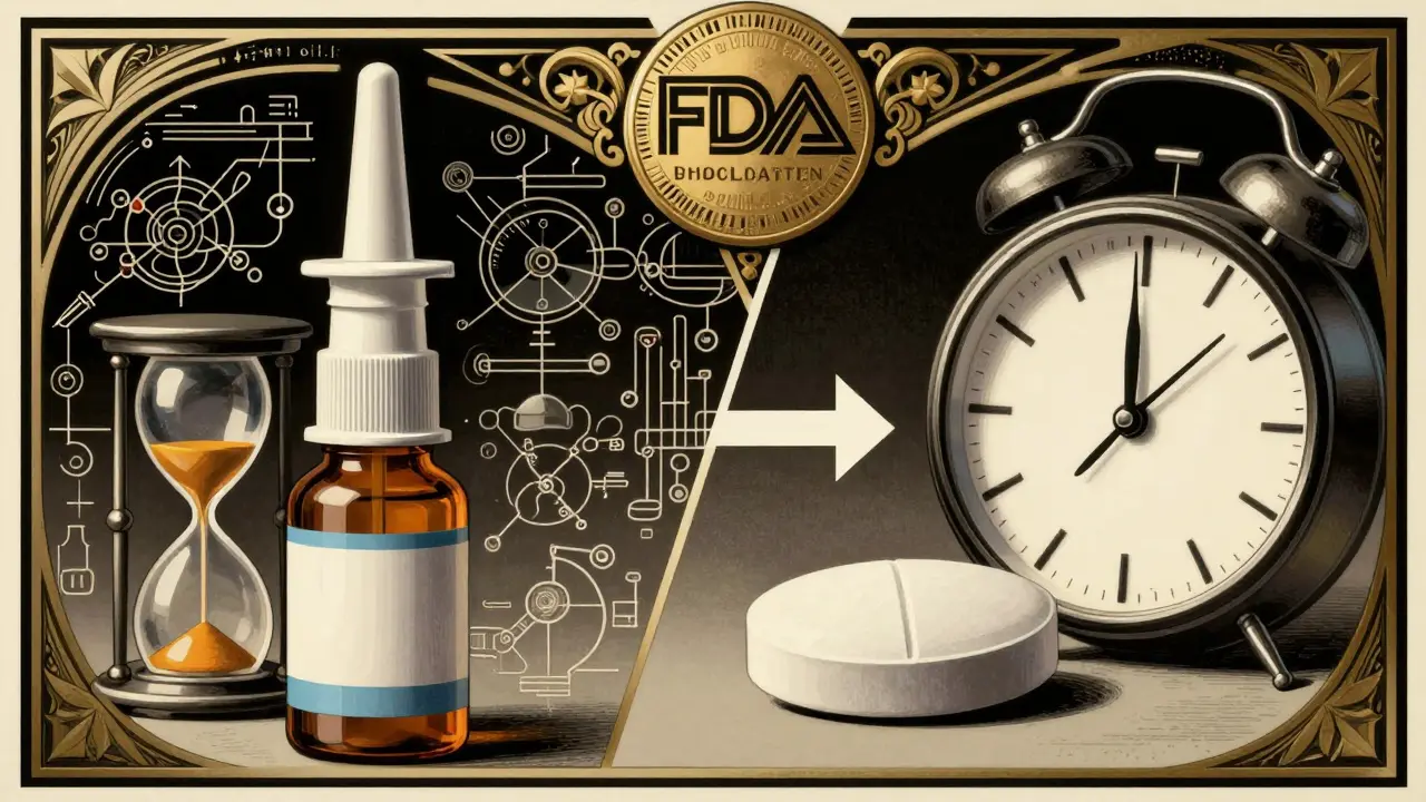 Split illustration contrasting slow complex drug approval with fast simple tablet approval in Art Deco style.