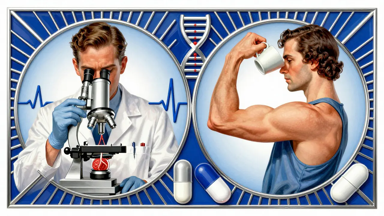 Split illustration: doctor examining muscle tissue on one side, patient lifting cup on the other, Art Deco medical symbols.