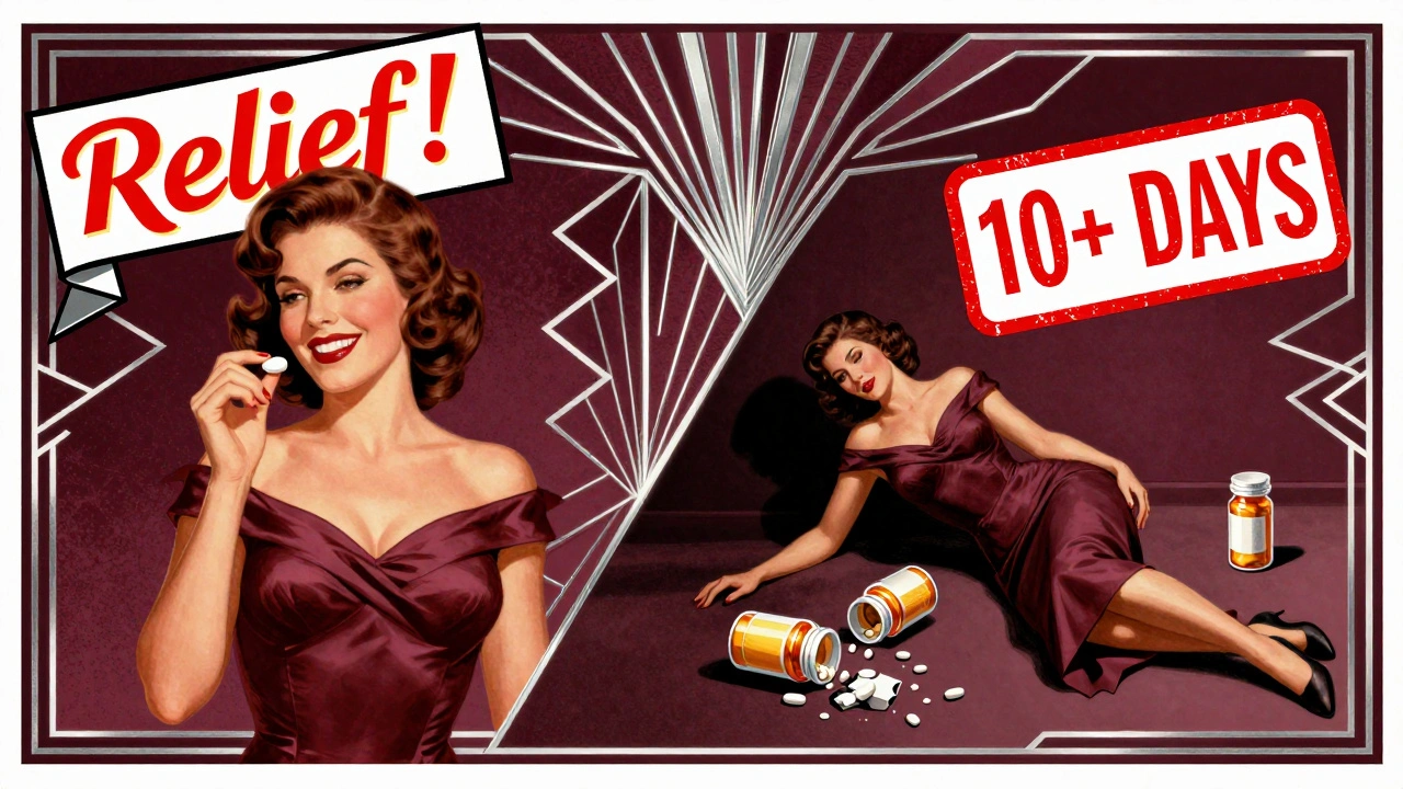 Split illustration: relief vs. rebound headache in 1930s advertising aesthetic