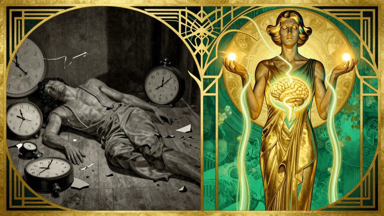 Split image: a slumped figure transitions to a vibrant, empowered version with glowing brain energy streams.