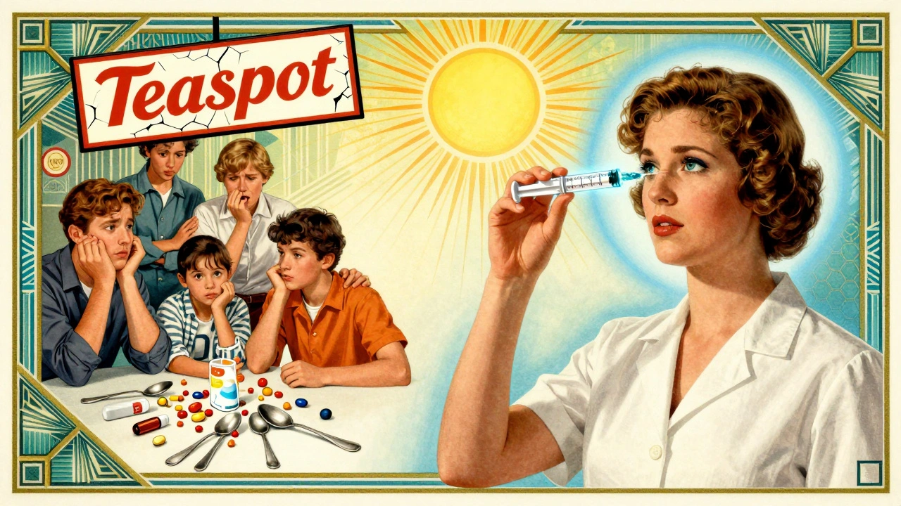 Split image: chaotic kitchen spoon errors vs. precise oral syringe use, in Art Deco style.