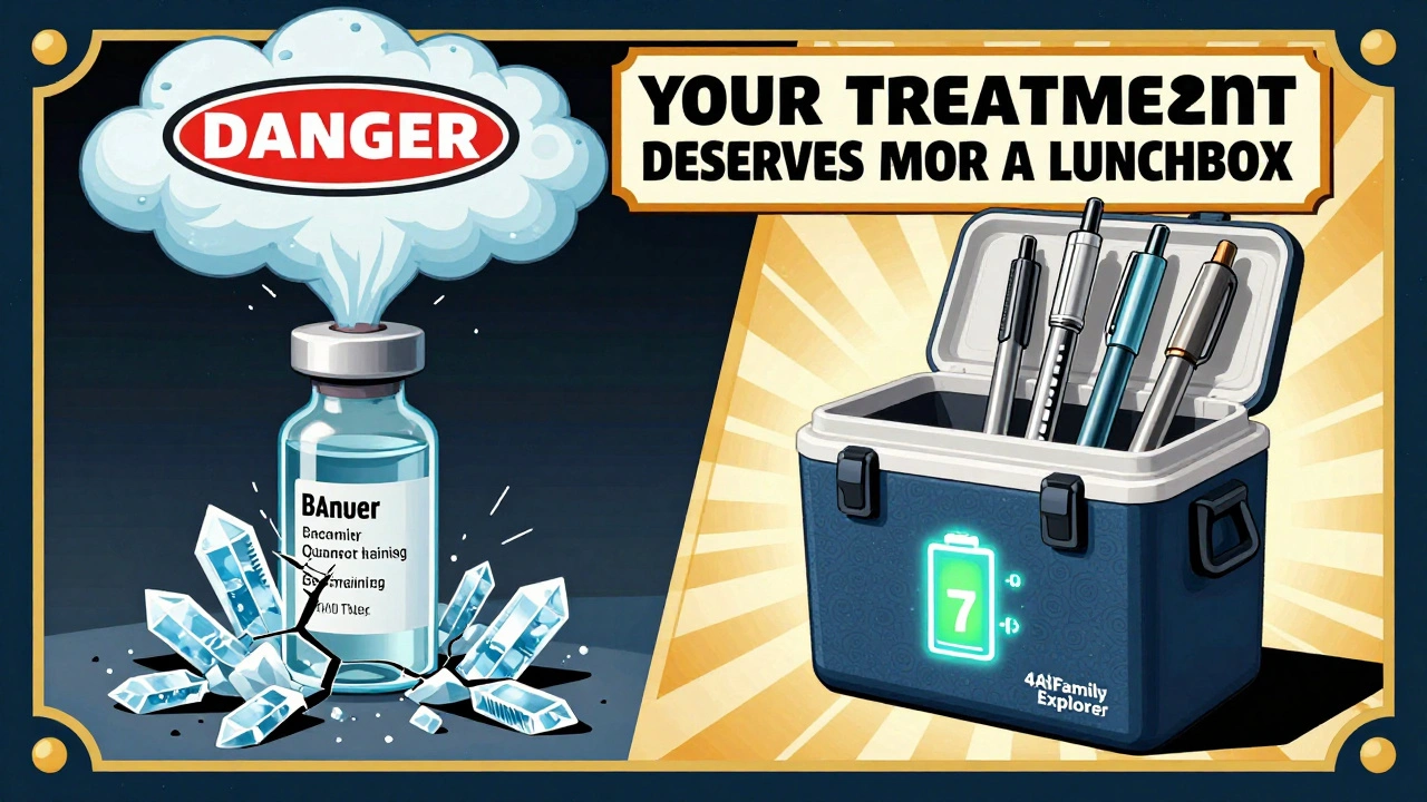 Split image: frozen insulin on left, safe meds in cooler on right, warning banner above in bold Art Deco design.