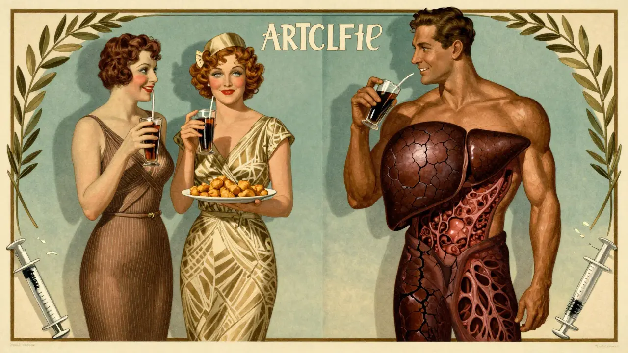 Split-image illustration of healthy vs. damaged liver in 1930s advertising style with ornate borders.