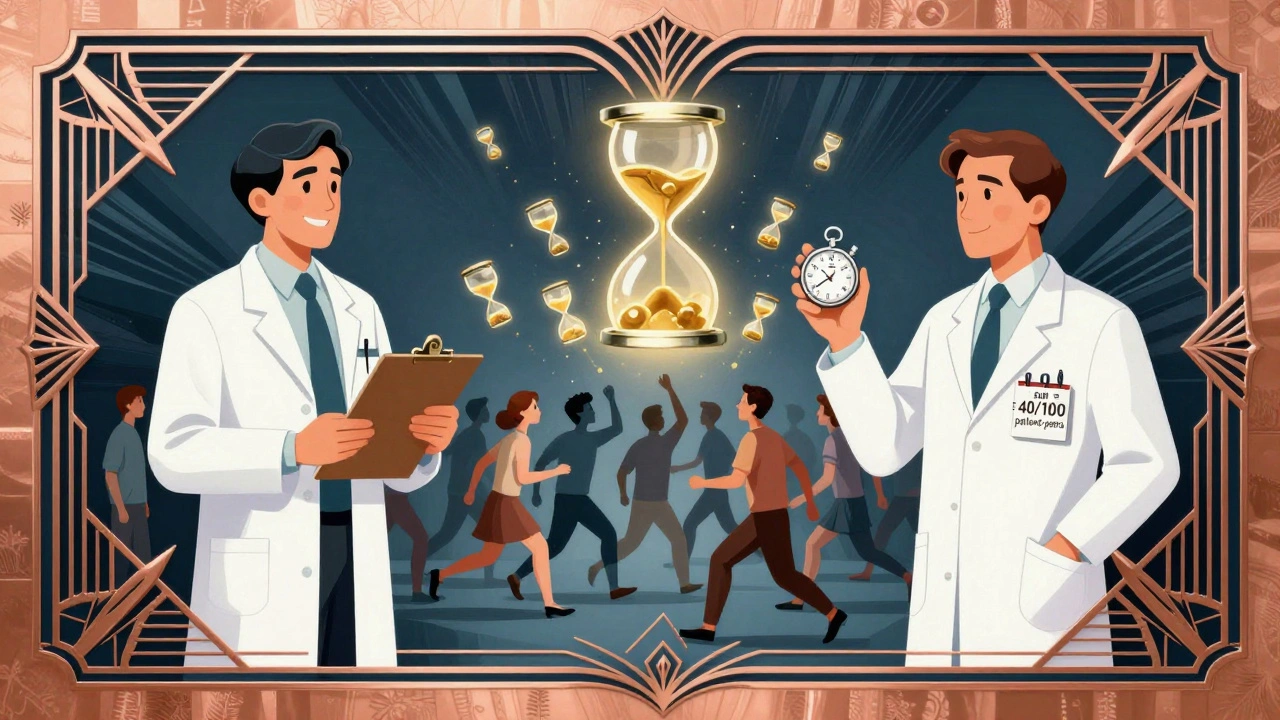 Split-panel Art Deco image contrasting simple incidence rate with exposure-adjusted rate using floating patient-years and timing devices.