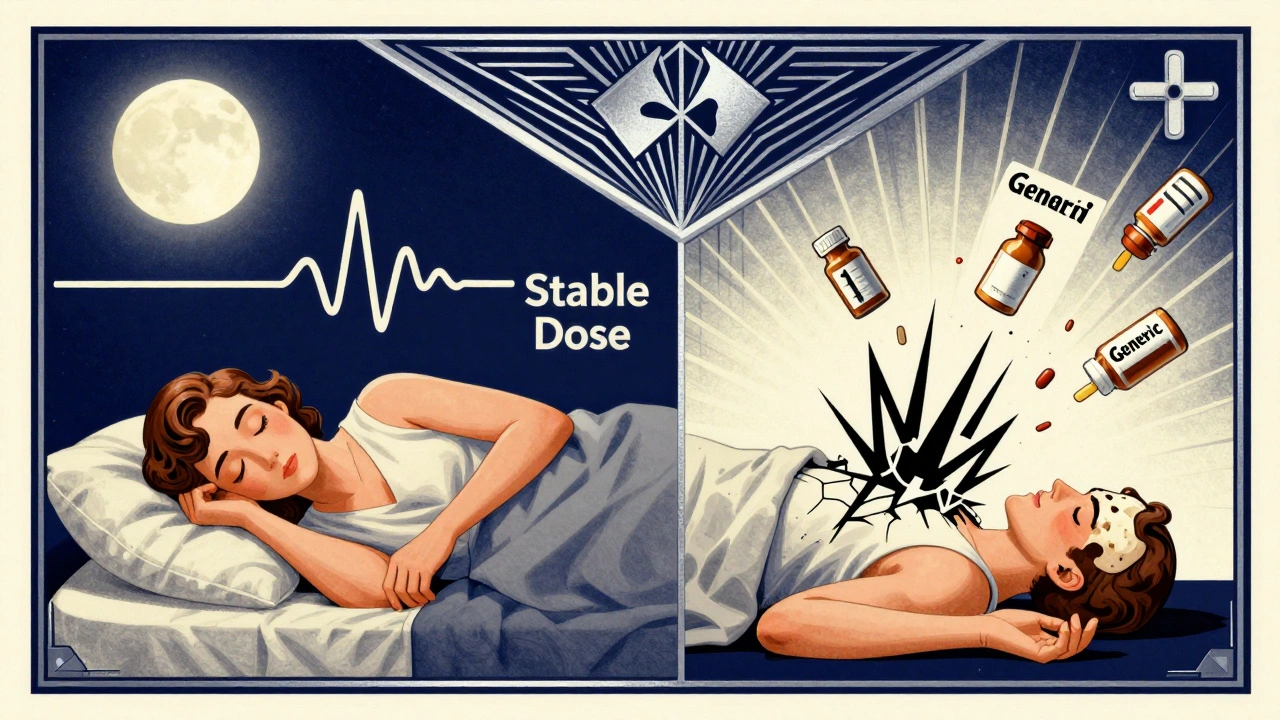 Split-panel Art Deco image showing peaceful sleep versus seizure crisis with brand and generic pill bottles falling apart.