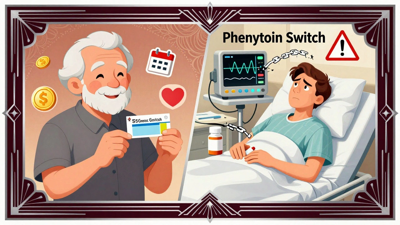 Split scene: happy senior with low-cost meds vs. patient in hospital after generic switch