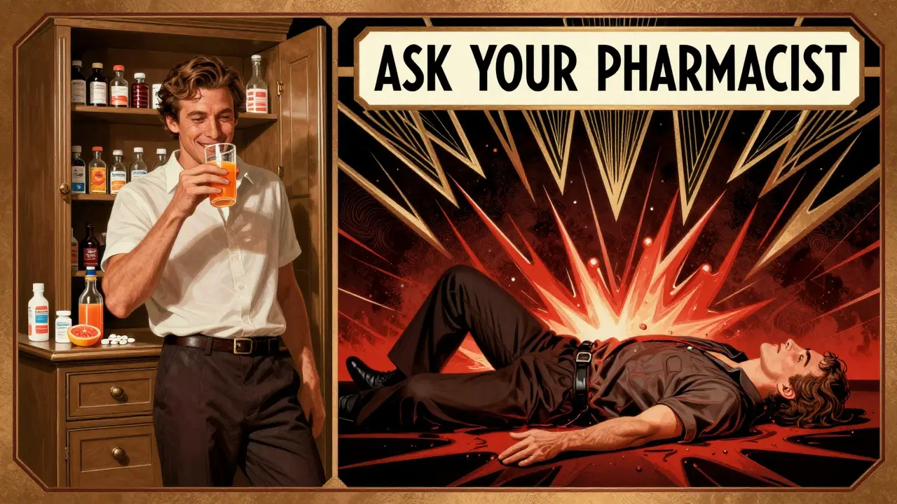 Split scene: man drinking grapefruit juice vs. collapsing from drug interaction, stylized in Art Deco warning lines.