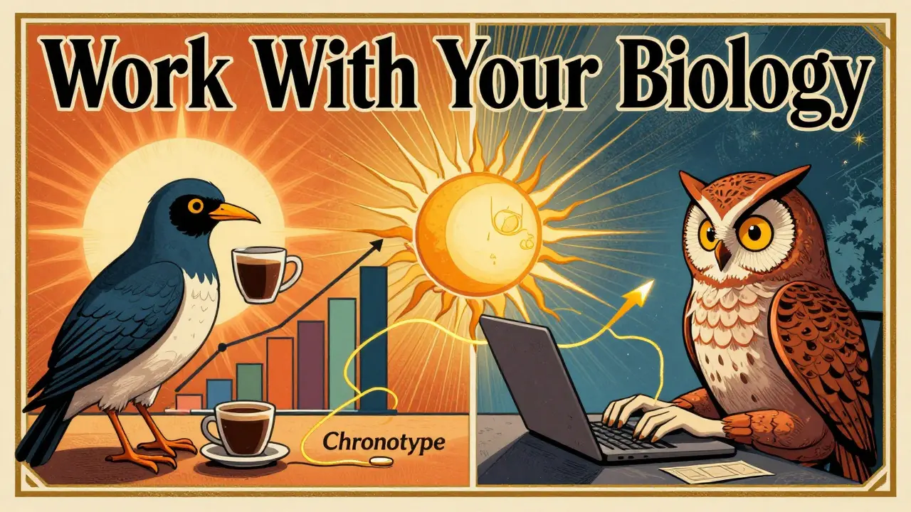 Split scene of morning and night person with rising graphs connected by a golden thread labeled 'Chronotype', framed by sun-moon symbol and bold typography.