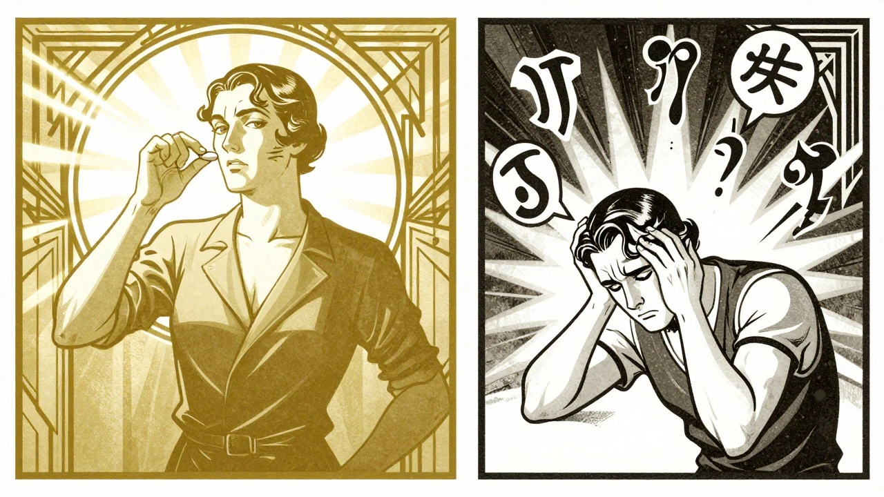 Split scene: person taking pill with sunlight vs. same person overwhelmed by side effect symbols.