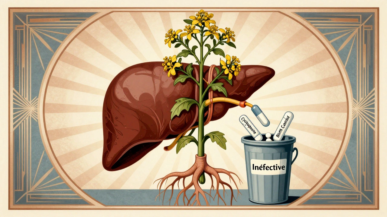 St. John’s wort plant pulling pills from liver, drugs discarded, Art Deco illustration
