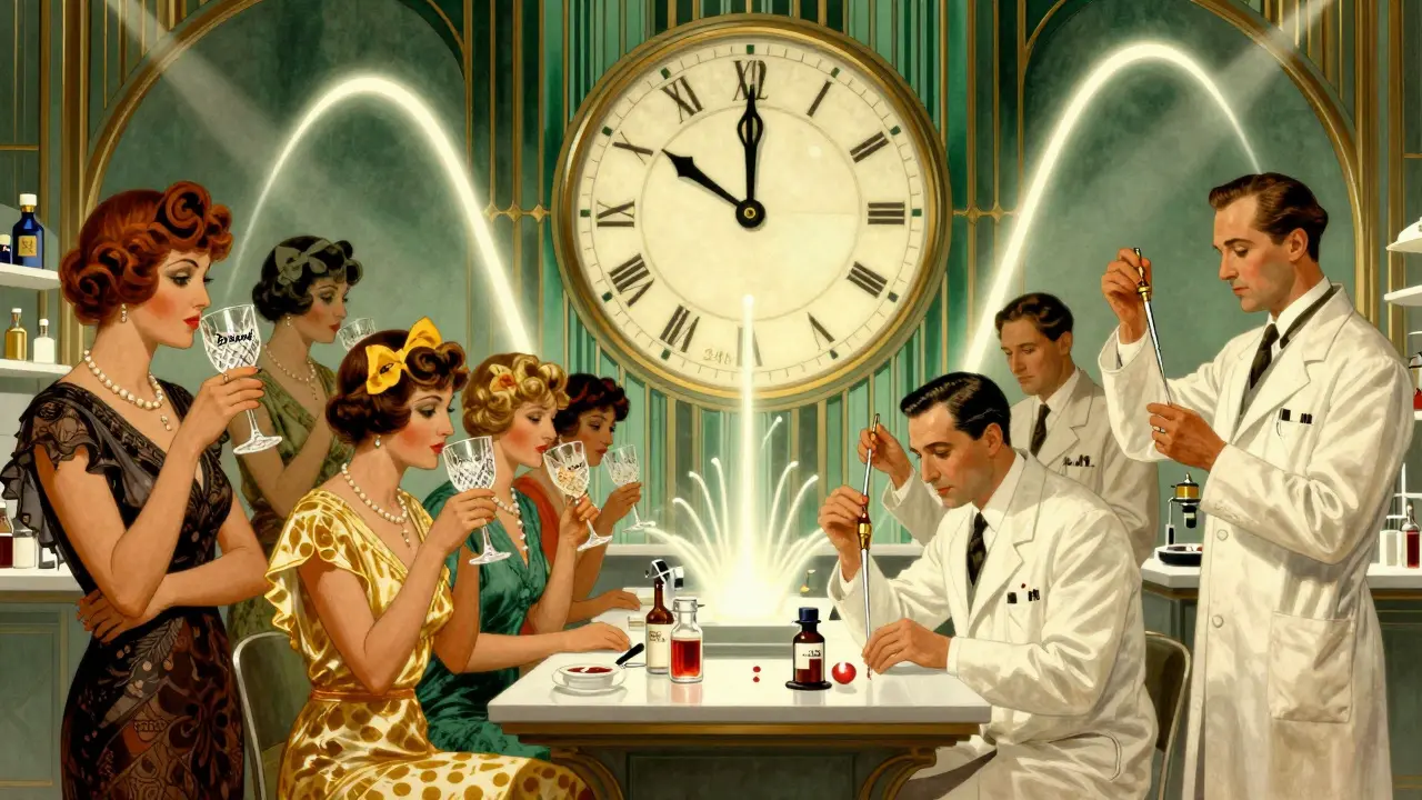 Stylized 1930s lab scene with volunteers and scientists collecting blood samples in elegant Art Deco setting.