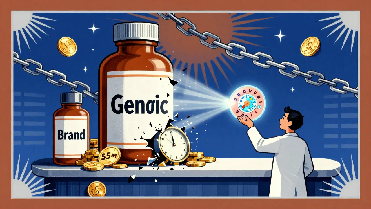 Towering pharmacy counter with collapsing generic bottles under M in coins, while a scientist holds a glowing model breaking patent chains.