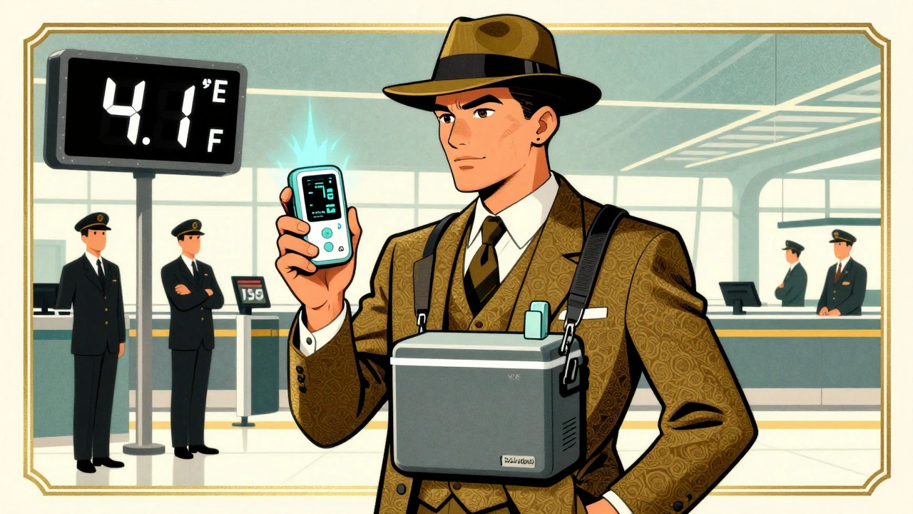 Traveler holding a Bluetooth thermometer inside a medical cooler, with TSA checkpoint and digital temperature display in background.