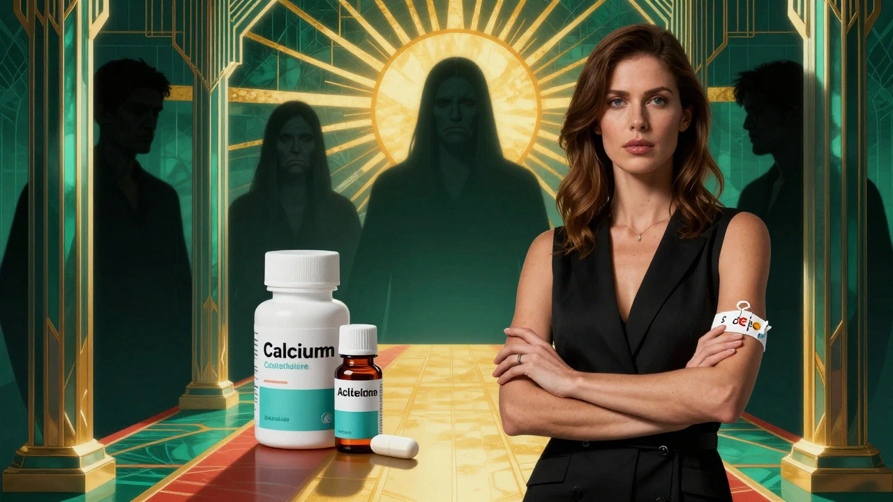 Woman beside broken pill, safe alternatives as pillars, fading misdiagnosed figures behind her, medical alert bracelet visible.