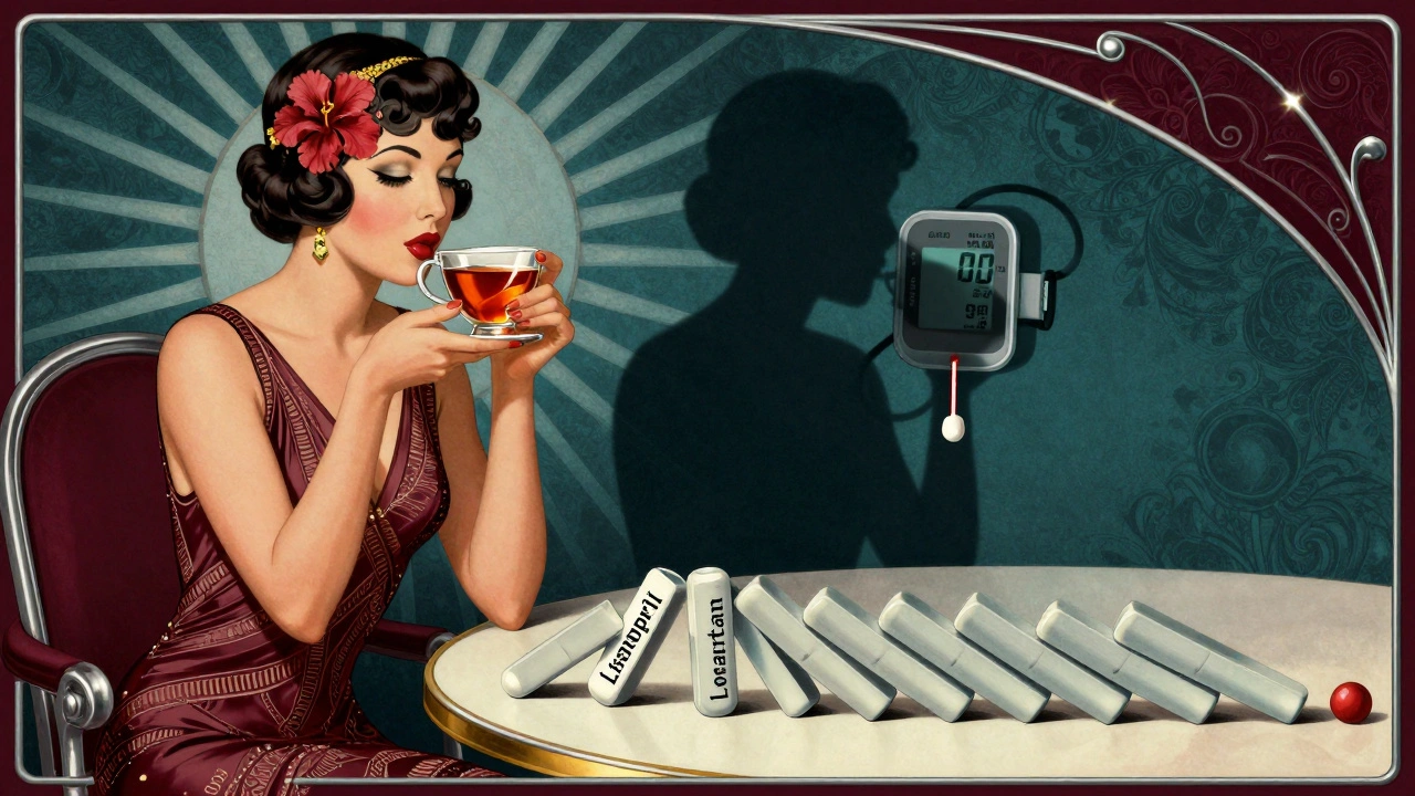 Woman drinking hibiscus tea, shadow shows blood pressure crashing, vintage poster style
