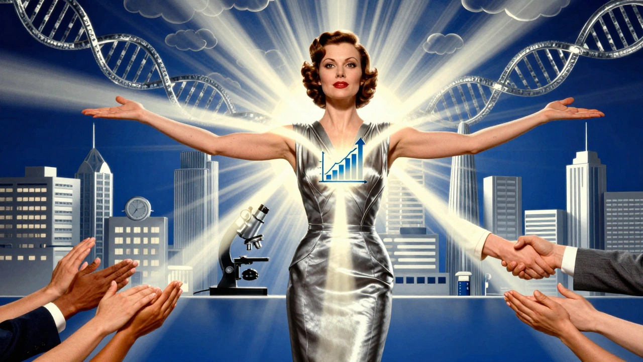 Woman radiating light beams representing trial benefits, surrounded by stylized medical cityscape in gold and cobalt.