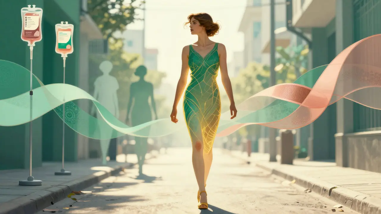 Woman walking confidently as rashes fade, with medical icons dissolving into golden geometric waves behind her.