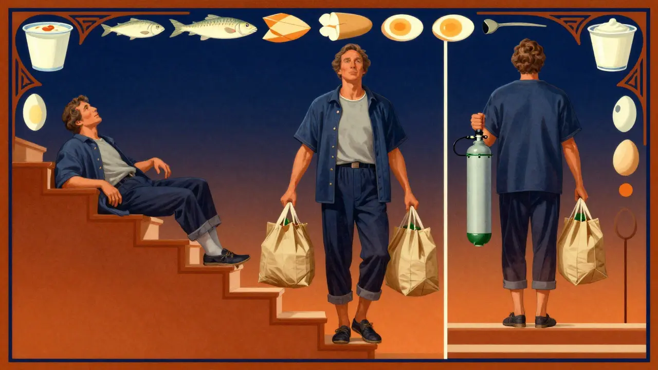 A COPD patient carrying groceries up stairs, with before-and-after body panels and protein foods in decorative border.