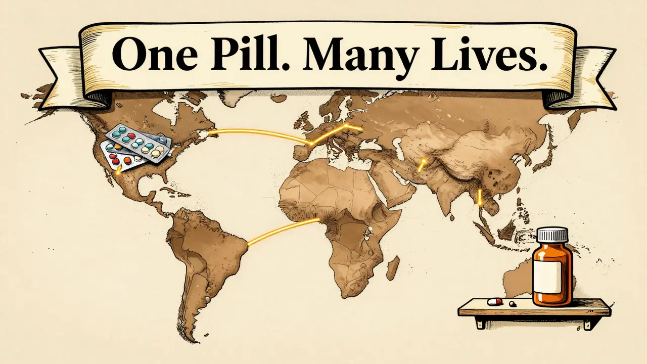 A global map showing combo pills available in the U.S. but absent in rural Africa, symbolizing treatment inequality.