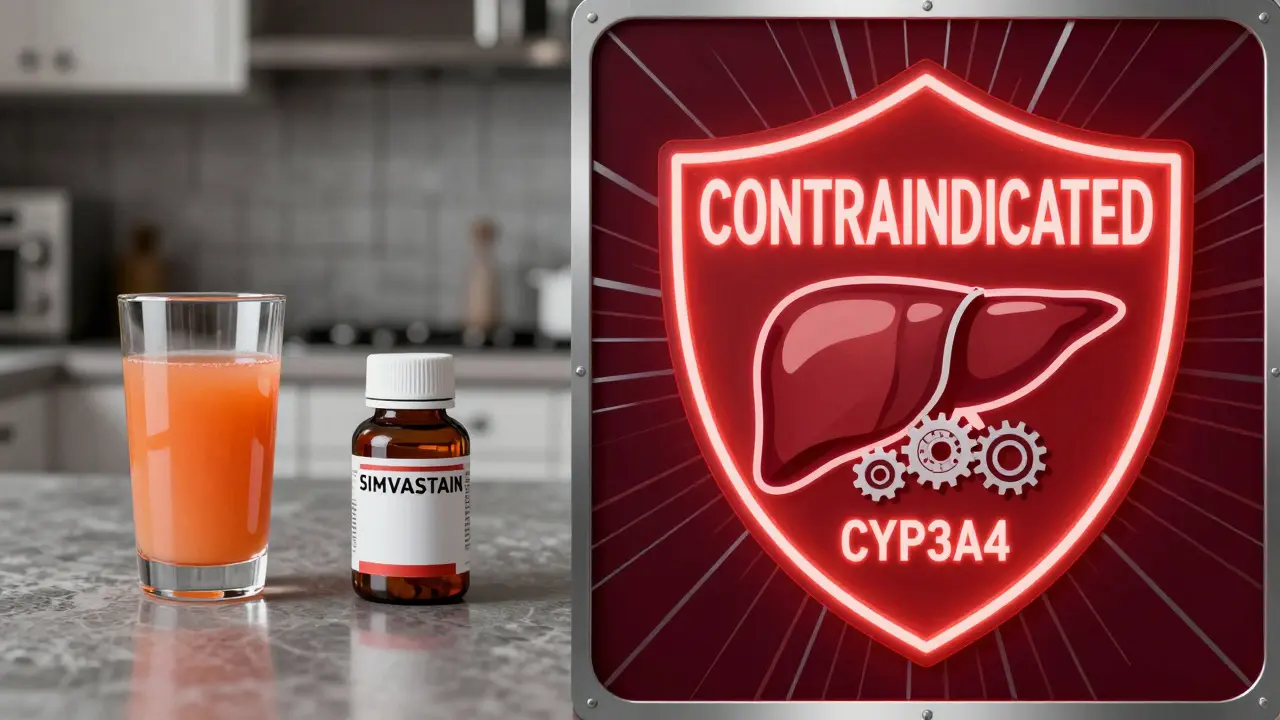 A kitchen scene shows grapefruit juice and medication beside a bold 'CONTRAINDICATED' warning shield with a stylized liver.